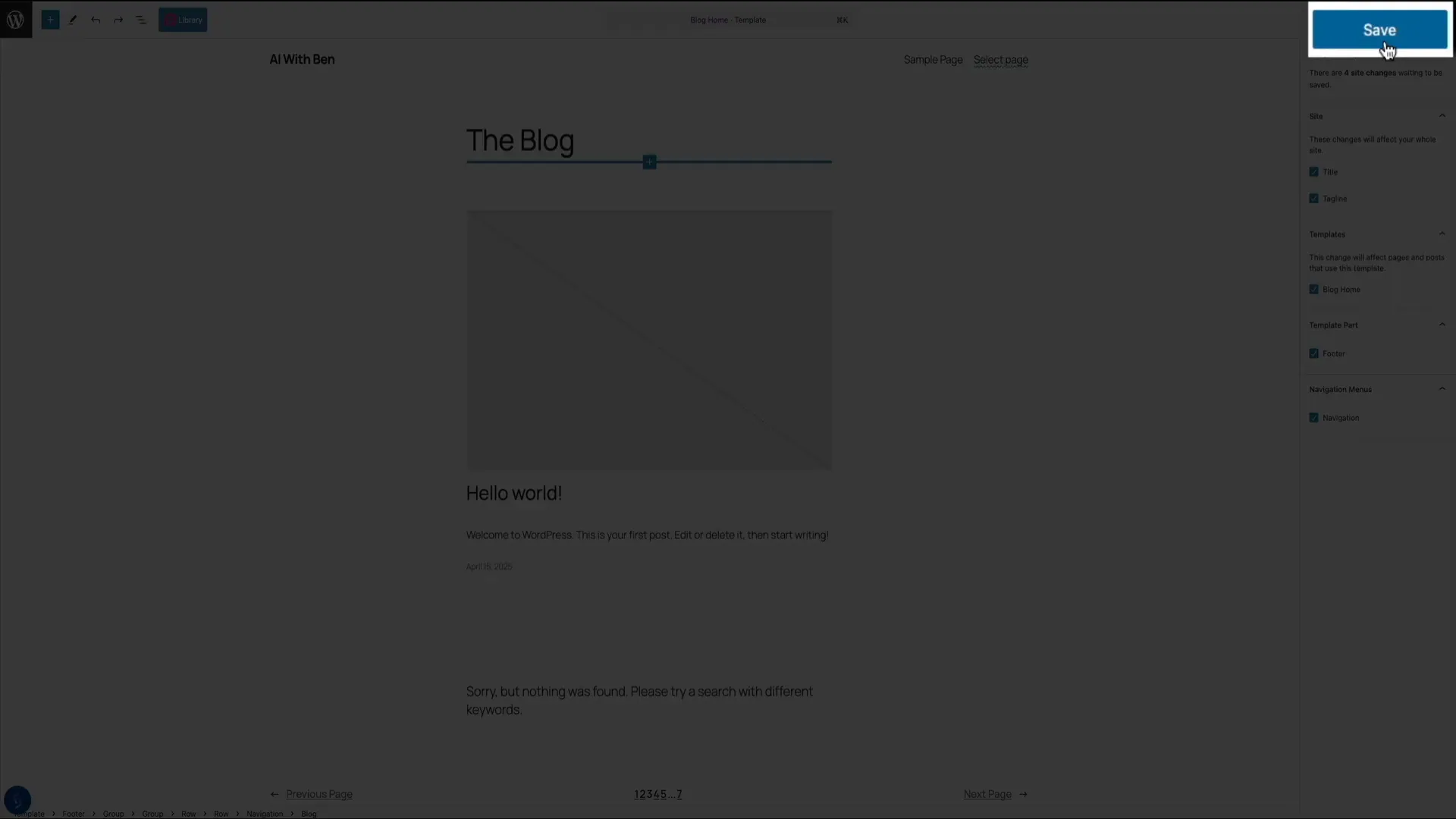 Saving changes in WordPress Full Site Editor