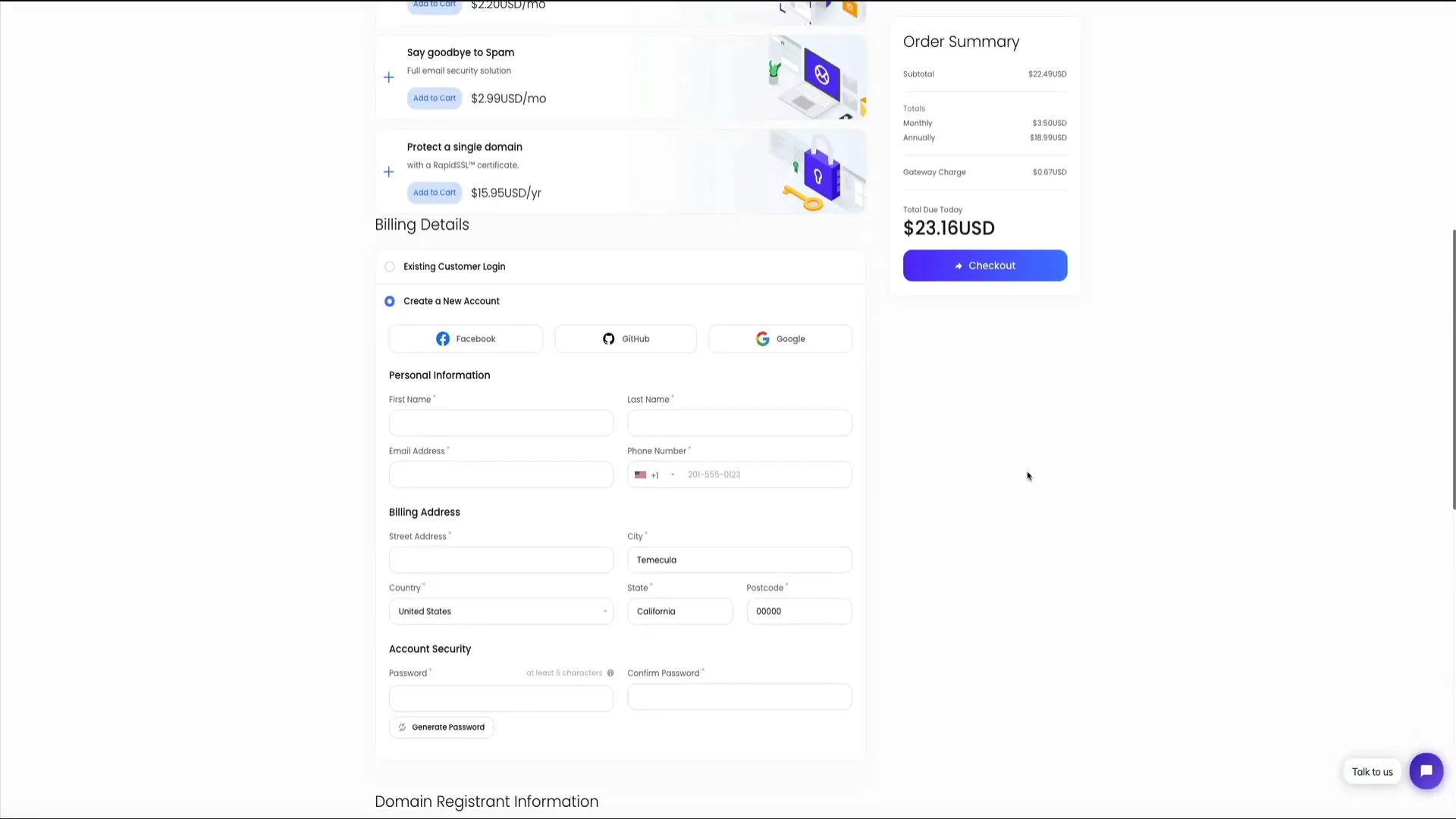 Checkout page and account creation on UltaHost