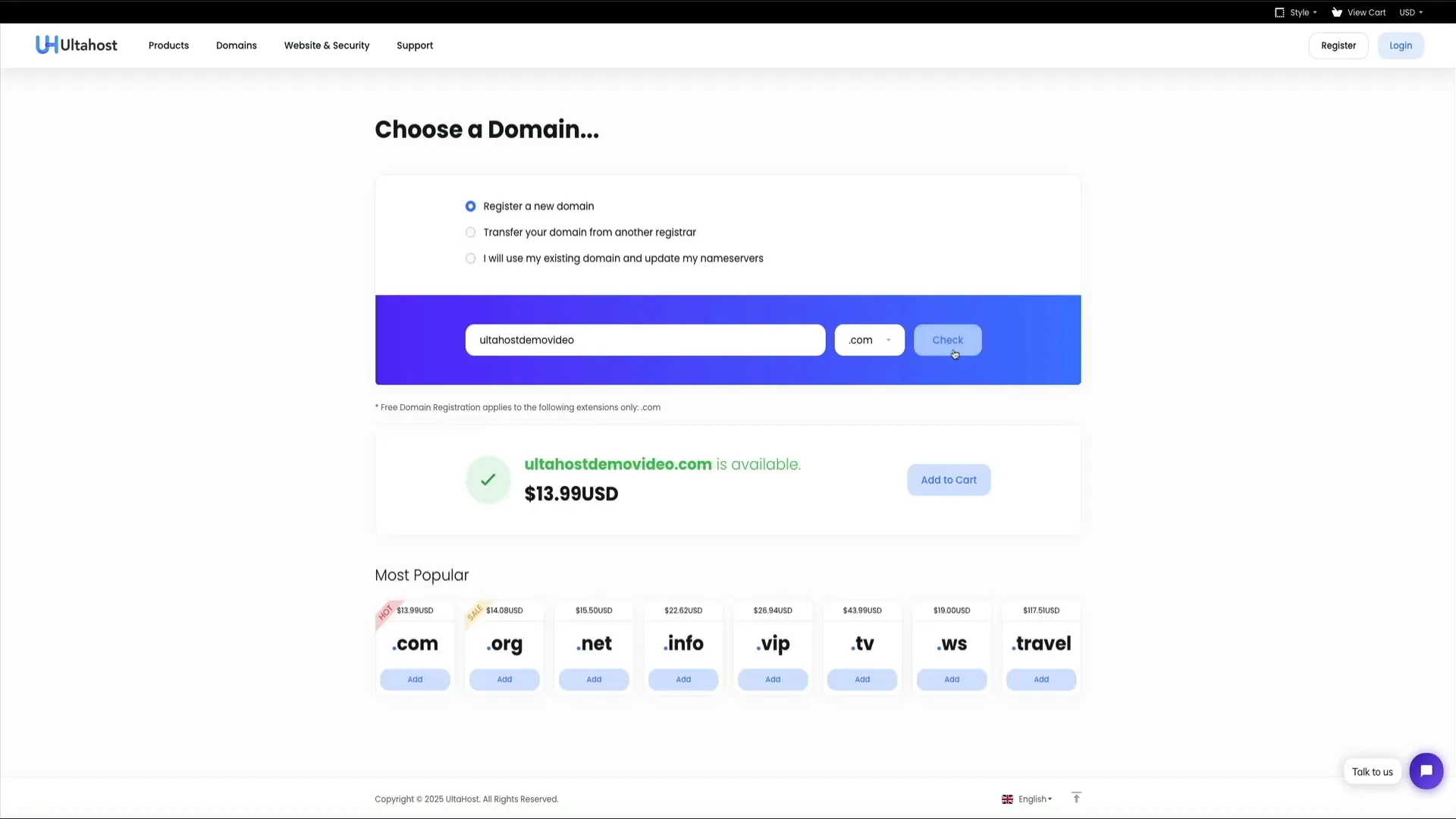 Domain registration and availability check on UltaHost