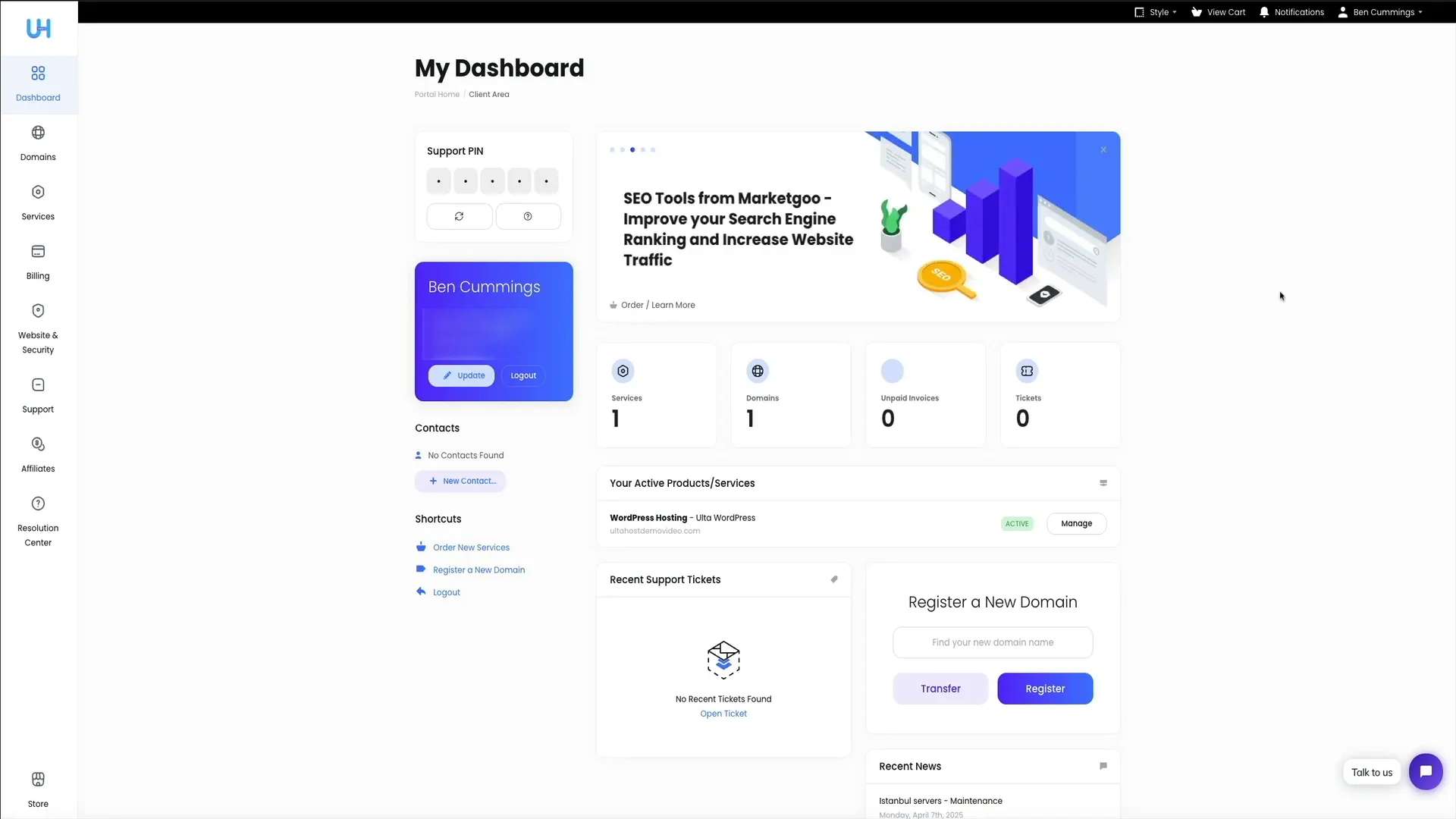 UltaHost dashboard overview