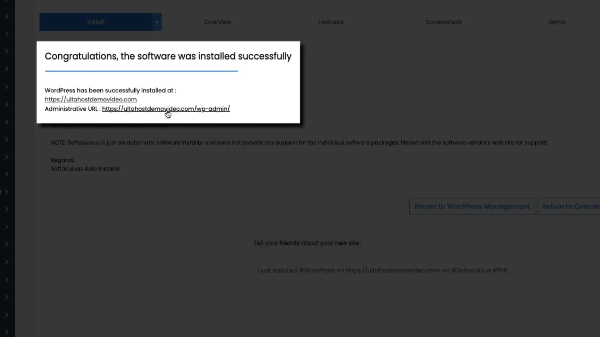 WordPress installation success and admin URL