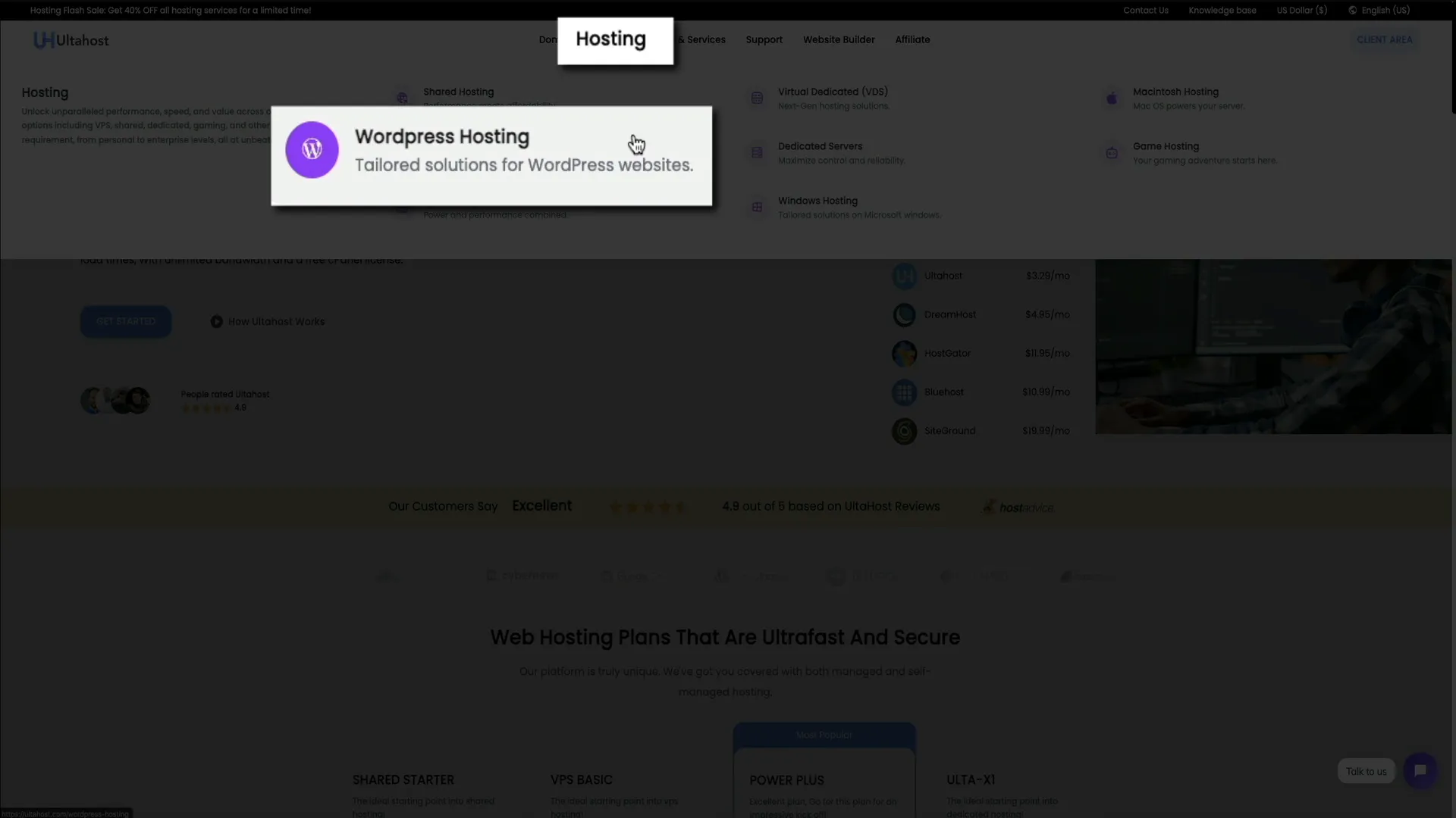 Navigating to WordPress Hosting on UltaHost homepage