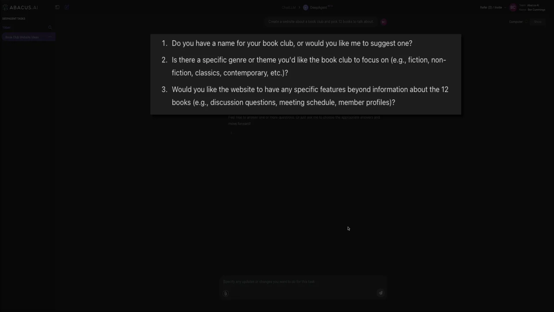 DeepAgent follow-up questions for website build