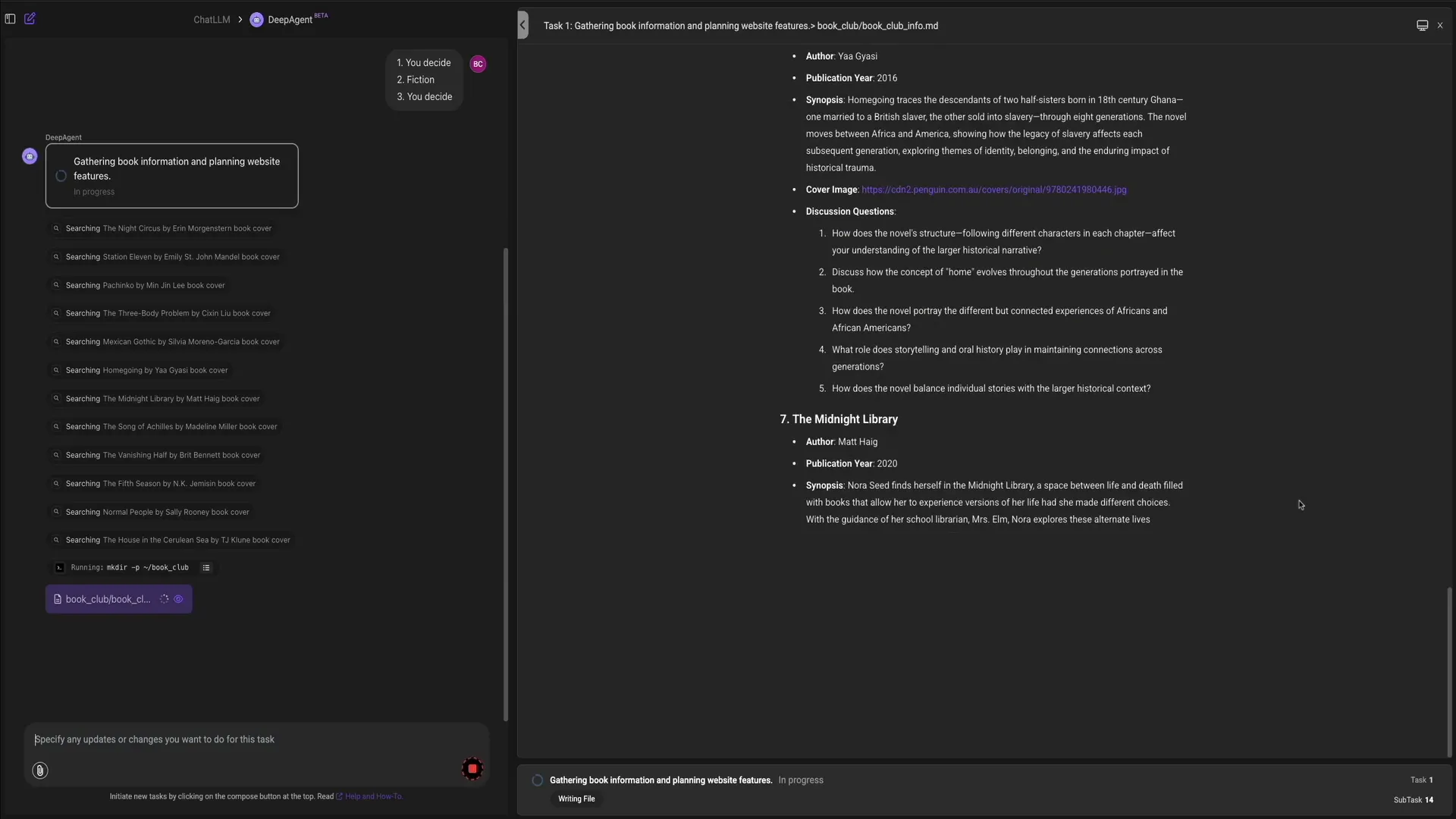 DeepAgent building the website interface with chat and site preview