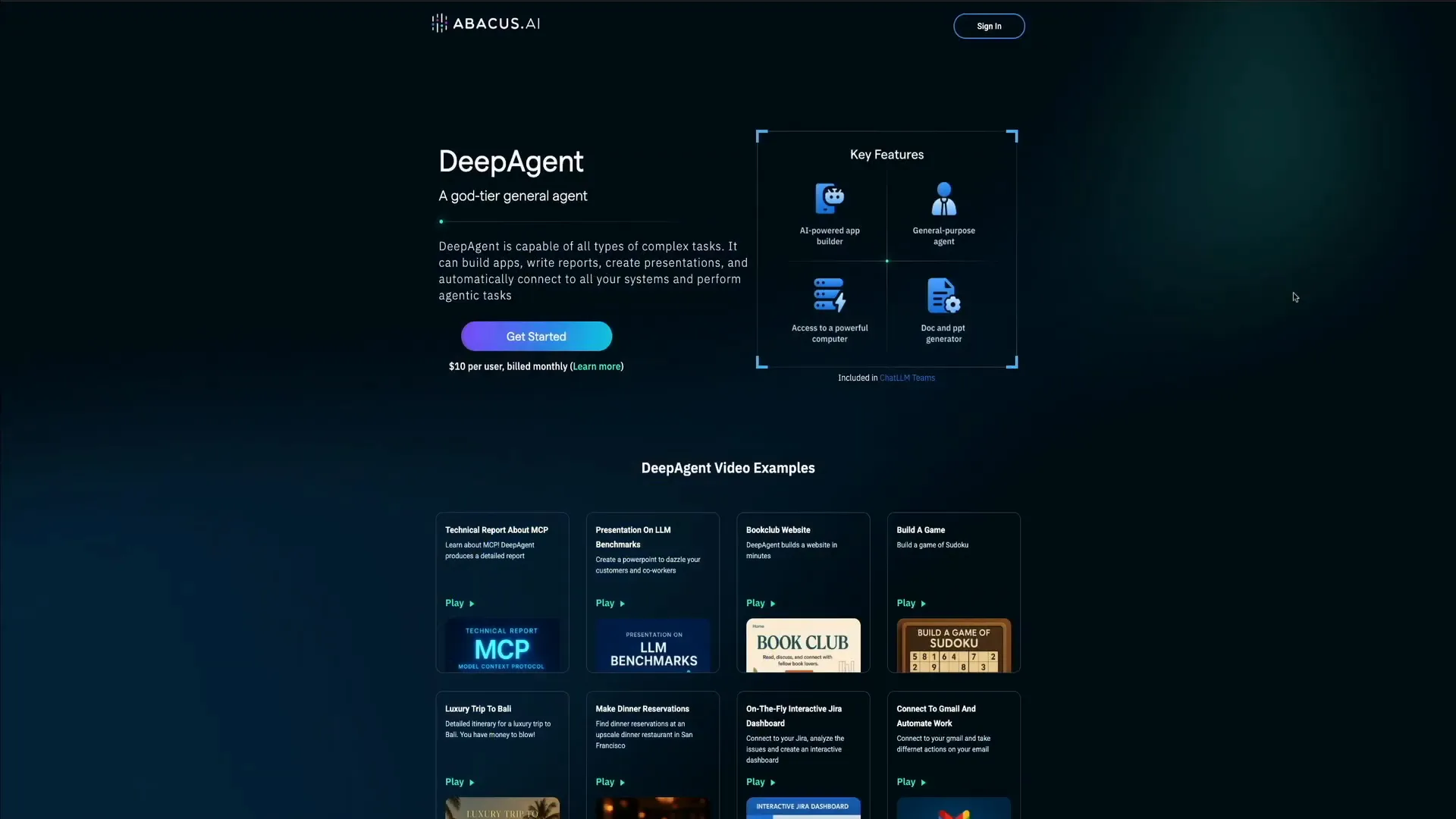 DeepAgent homepage with Get Started button