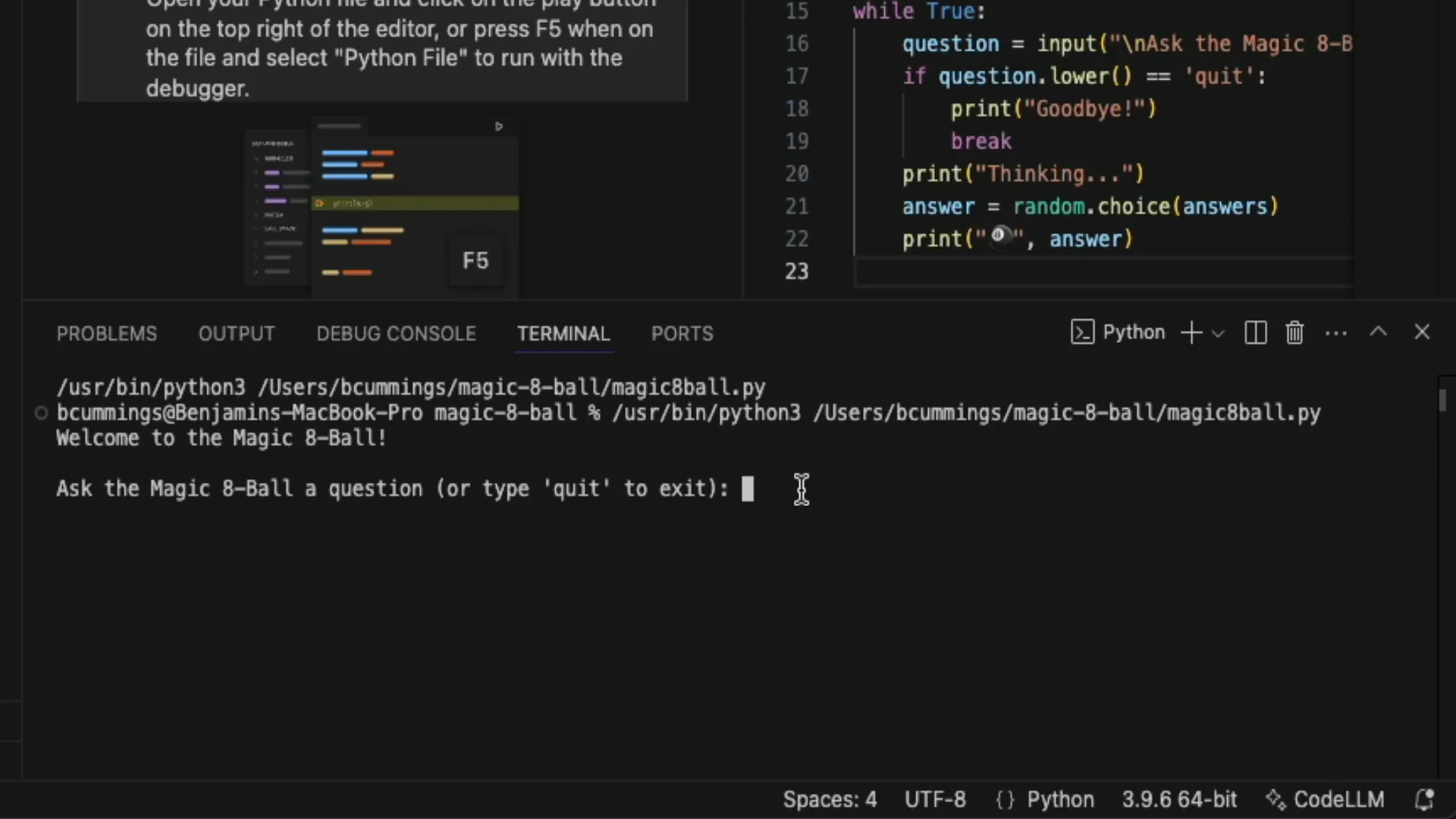 Running Magic Eightball Python script in CodeLLM terminal