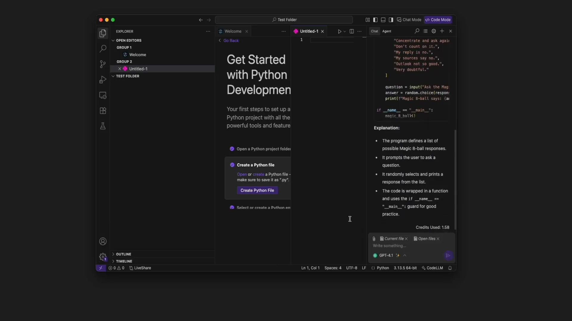 Generated Python code for Magic Eightball in CodeLLM chat