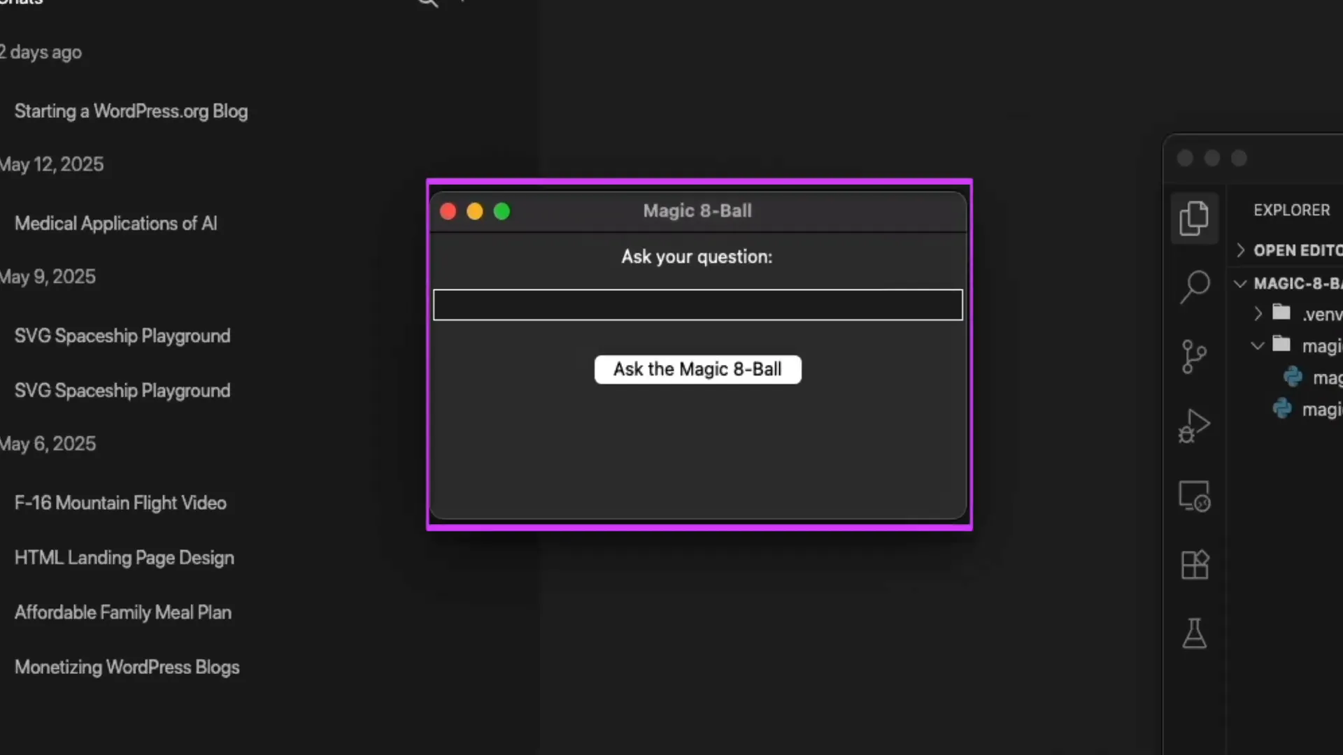 Magic Eightball desktop app GUI running with Tkinter