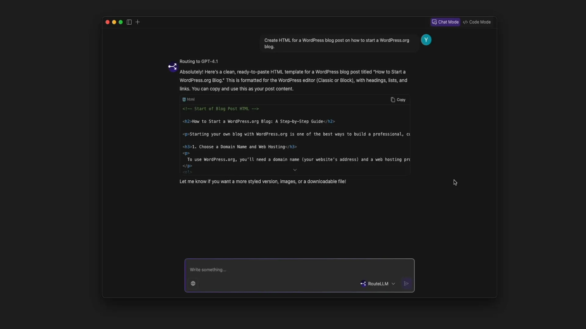 Chat Mode generating HTML code for a WordPress blog post