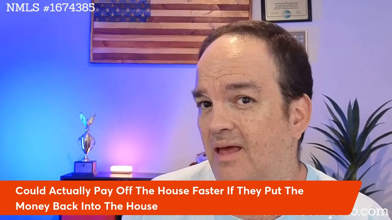 Presenter looking at camera with caption about paying off the house faster, colorful studio background