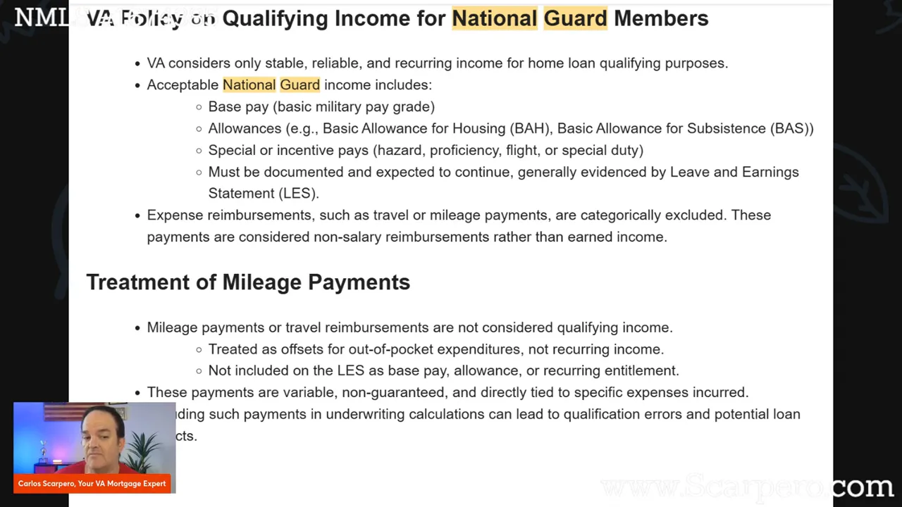 Clear slide 'Treatment of Mileage Payments' with bullets stating mileage/travel reimbursements are not qualifying income; presenter inset in the lower-left corner.