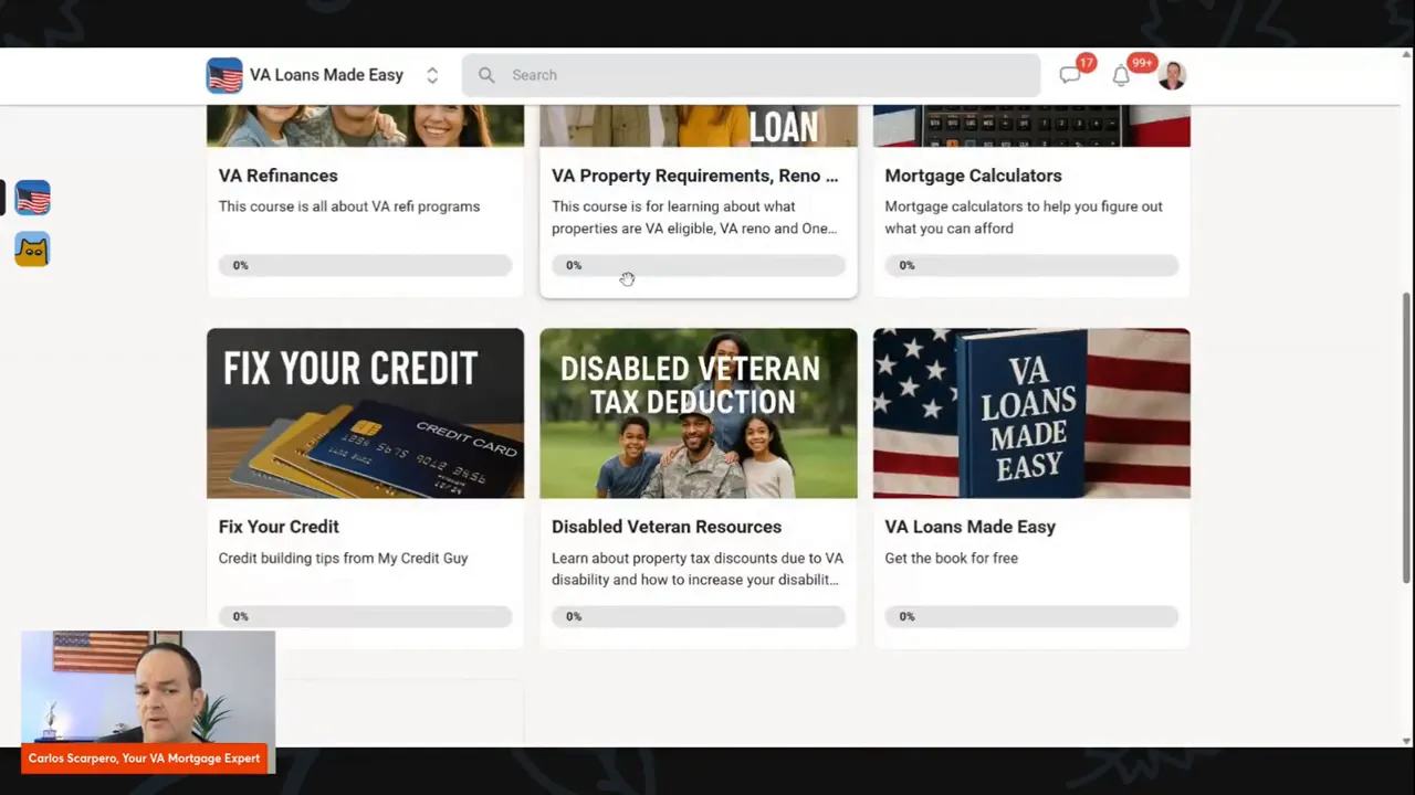 Classroom gallery view showing resource tiles: 'Fix Your Credit', 'Disabled Veteran Tax Deduction', and 'VA Loans Made Easy' book tile, illustrating curated materials available.
