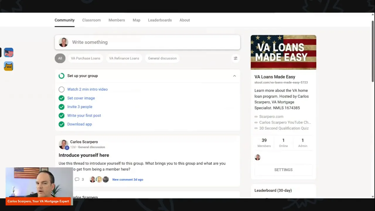 Community feed page showing a prominent 'Write something' post box and the VA Loans Made Easy group sidebar