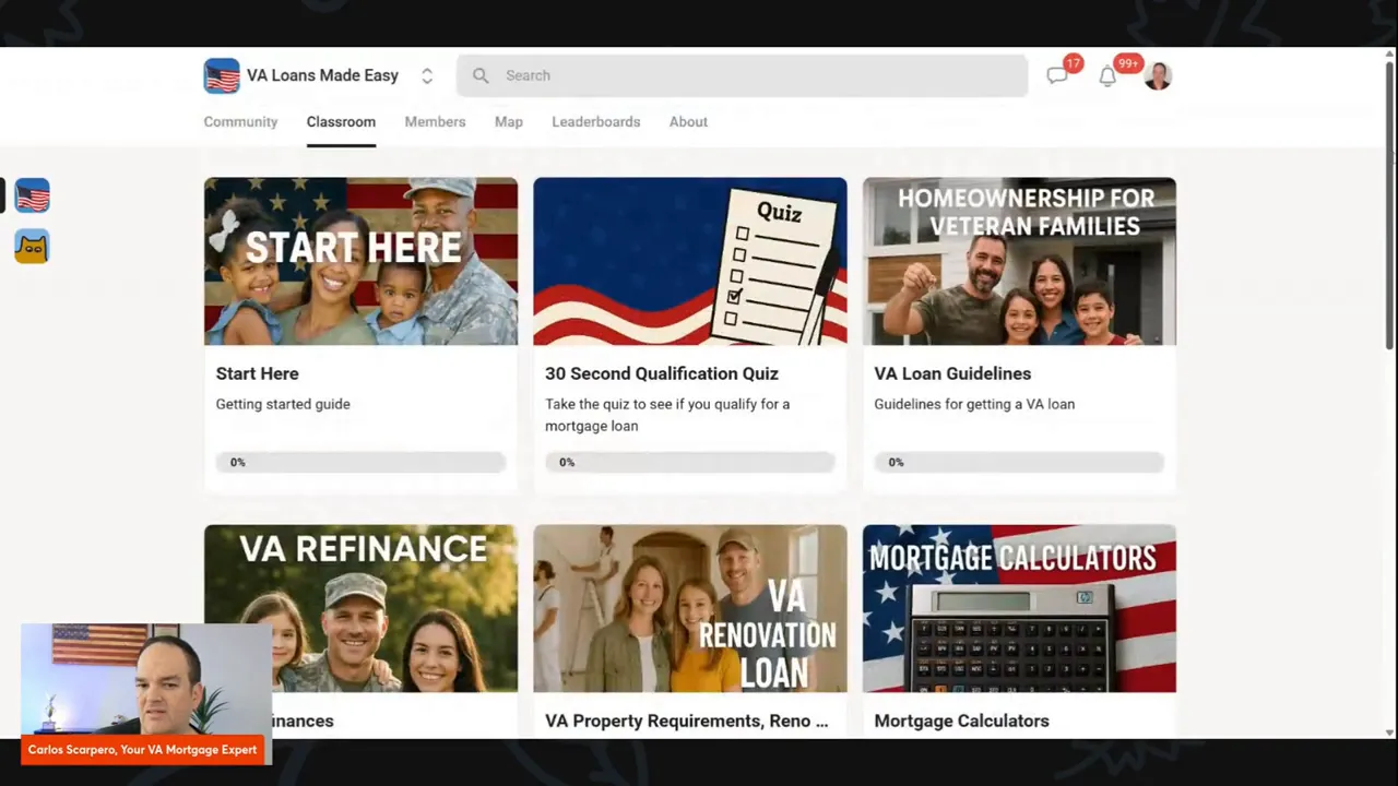 Online community classroom page showing 'Start Here', '30 Second Qualification Quiz', and 'VA Loan Guidelines' course tiles