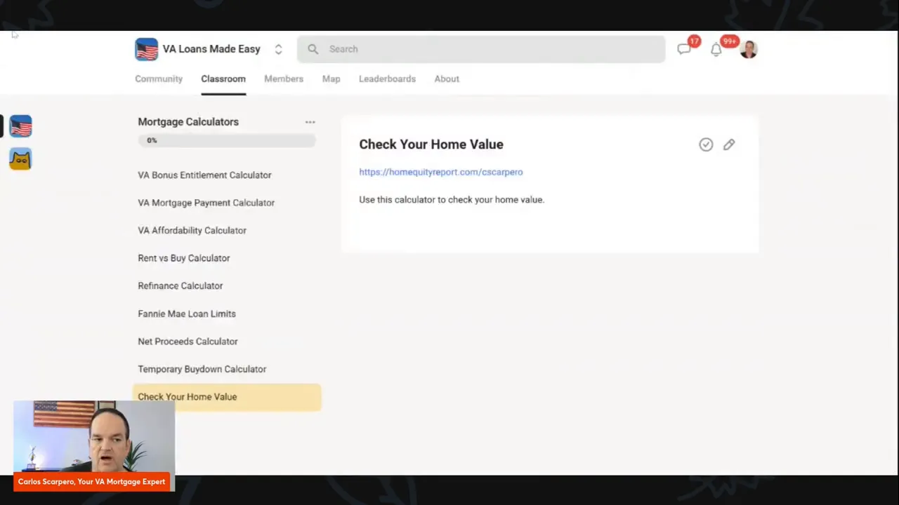 Clear screenshot of the calculators section in the VA Loans Made Easy classroom with the 'Check Your Home Value' panel and link text visible; small presenter video inset in the corner.