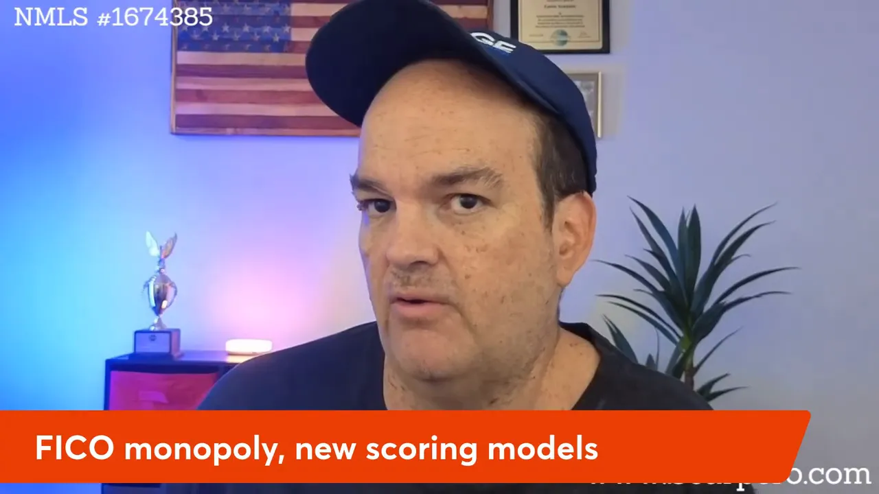 Presenter looking at camera with 'FICO monopoly, new scoring models' headline visible, clear lighting and composition.