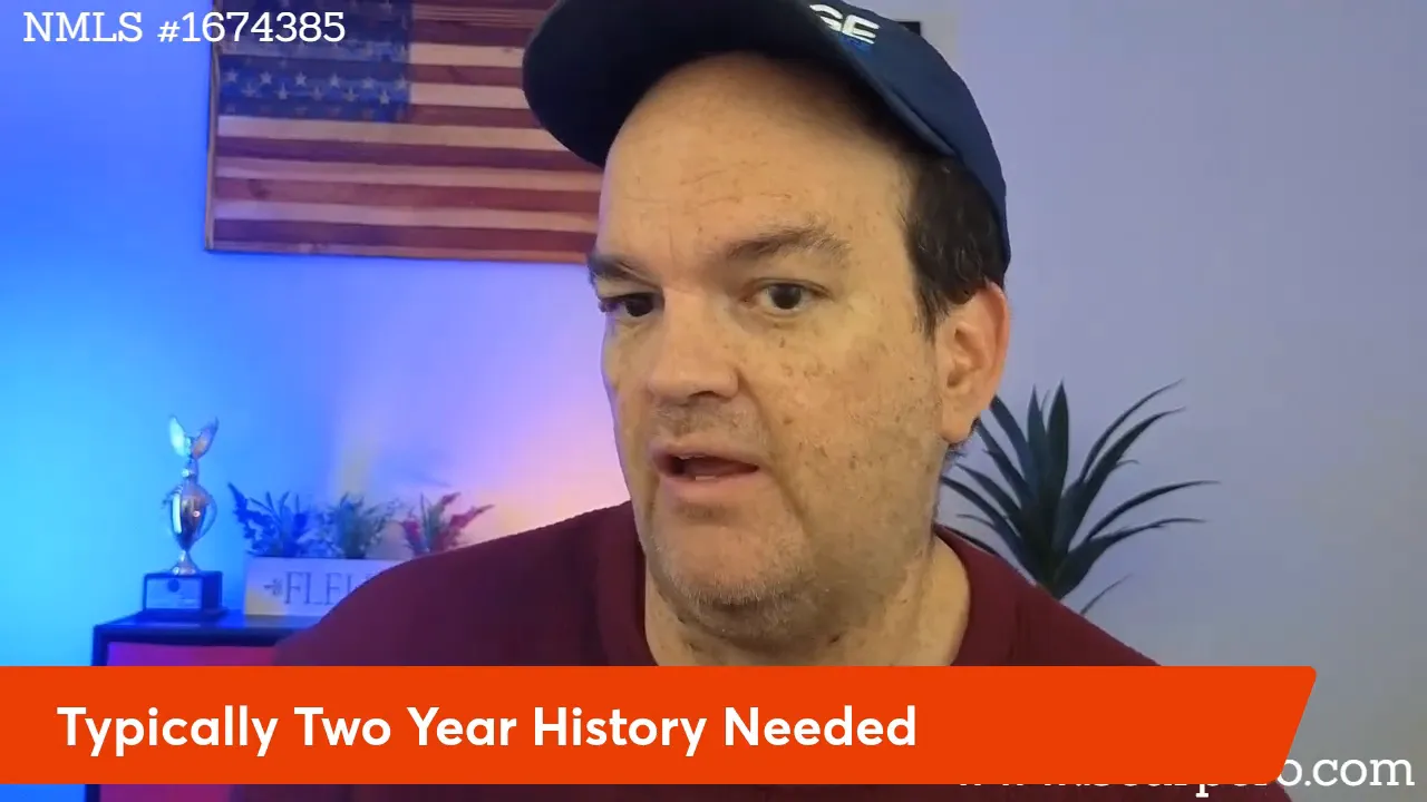 Clear screenshot showing presenter and prominent lower-third text 'Typically Two Year History Needed'