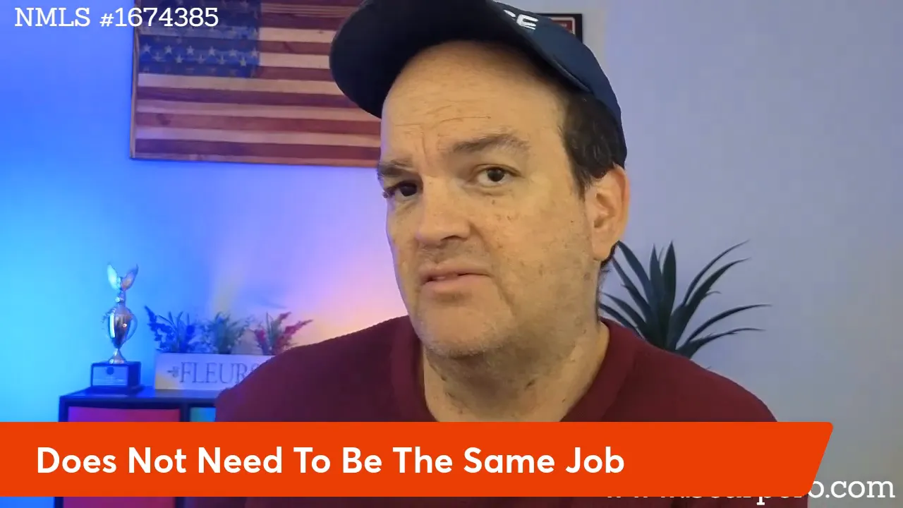 Video host with an on-screen banner that reads 'Does Not Need To Be The Same Job'.