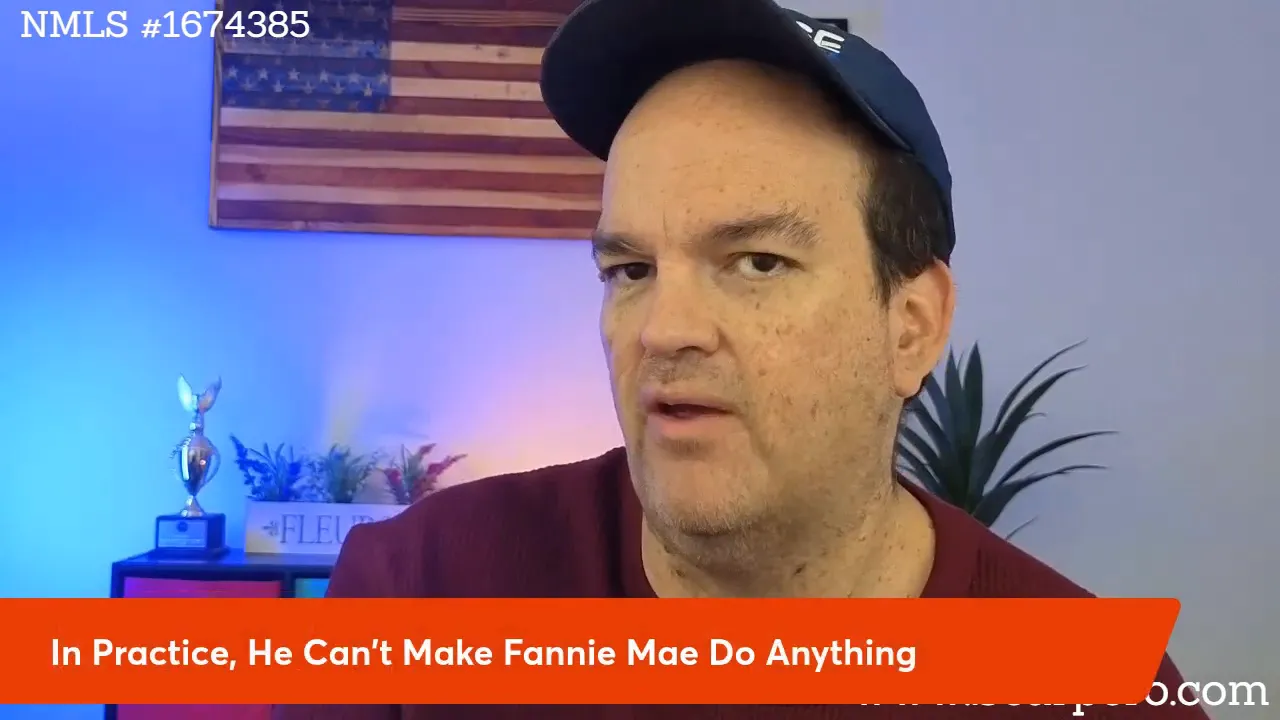 Presenter beside a lower-third that reads 'In Practice, He Can't Make Fannie Mae Do Anything'.