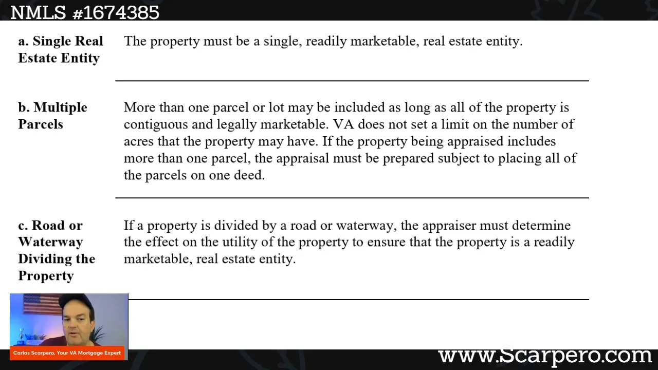 Clear VA handbook excerpt explaining multiple contiguous parcels and deed requirements, with small presenter inset