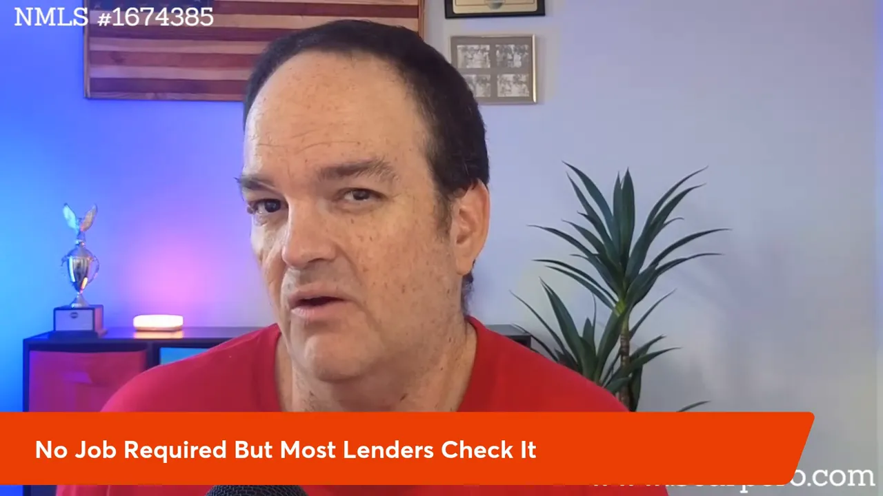Clear screenshot of presenter looking at camera with banner 'No Job Required But Most Lenders Check It' illustrating IRRRL employment checks