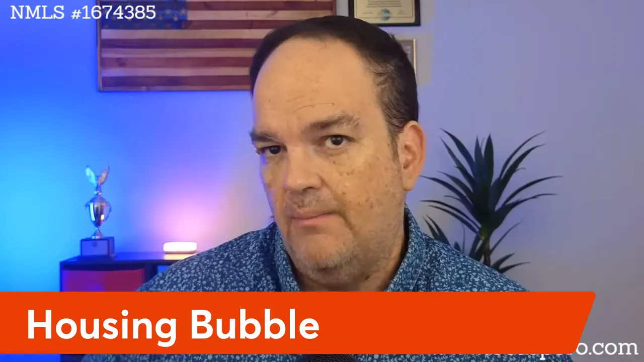 Clear video shot of a presenter looking at the camera with a red 'Housing Bubble' banner at the bottom