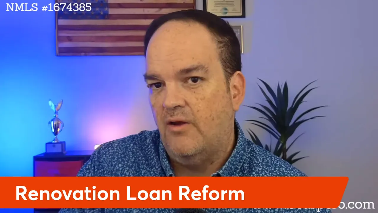 Centered video still of the presenter with a clear orange banner across the bottom reading 'Renovation Loan Reform'.