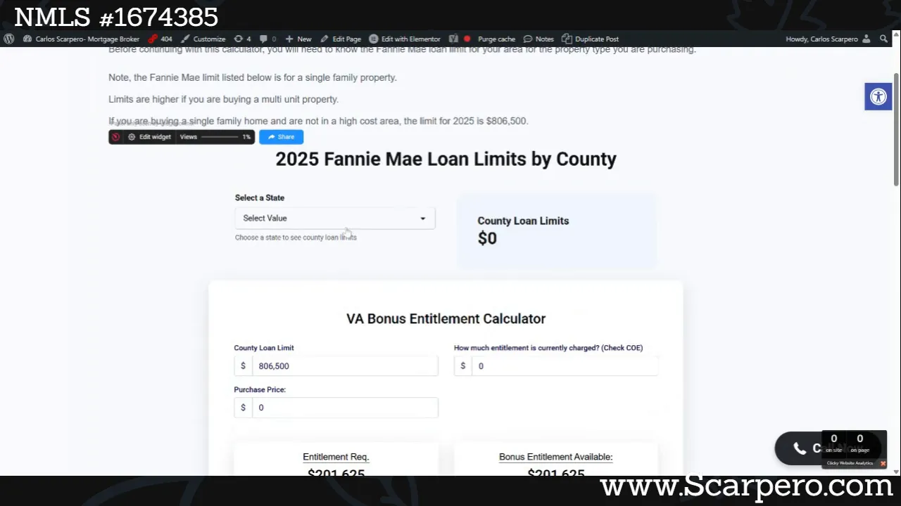 VA bonus entitlement calculator interface showing Ohio loan limits and input fields