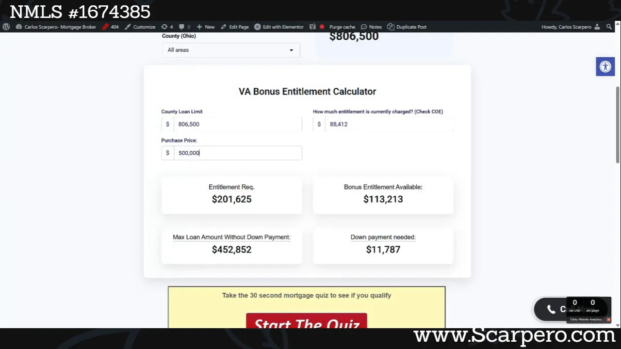 Calculator showing down payment needed if purchase price exceeds entitlement limit