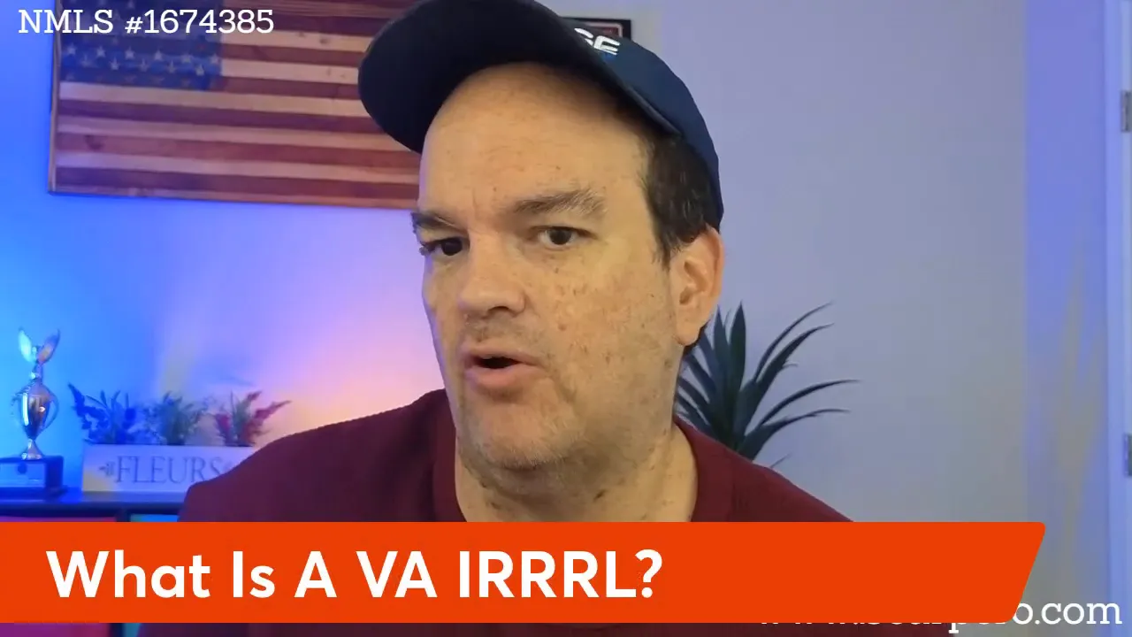 Video presenter with banner reading 'What Is A VA IRRRL?' in a home office
