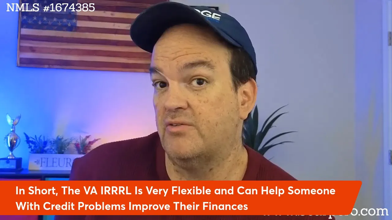 Clear mid-shot of the video host with American flag in background and a red banner reading that the VA IRRRL is flexible.