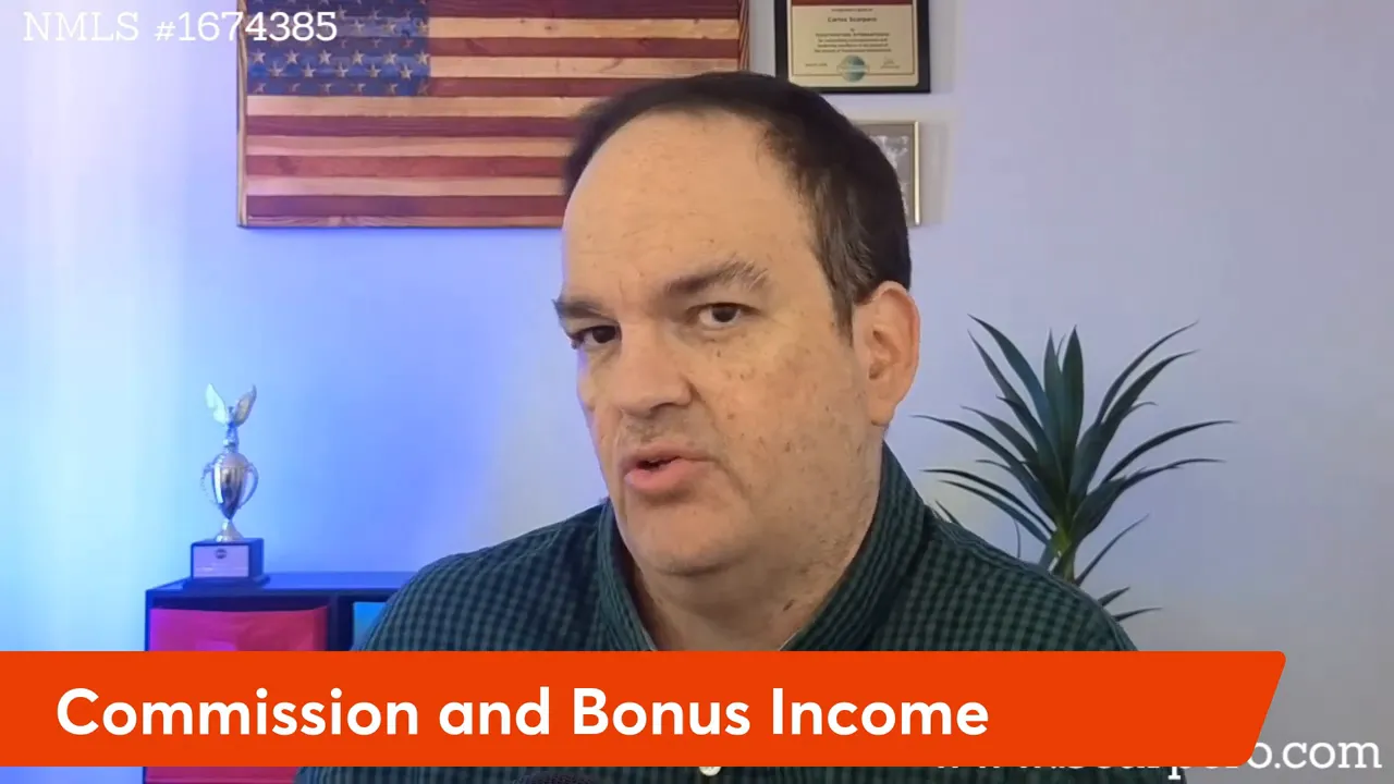 Presenter mid-sentence with clear on-screen banner 'Commission and Bonus Income' and contextual background items.