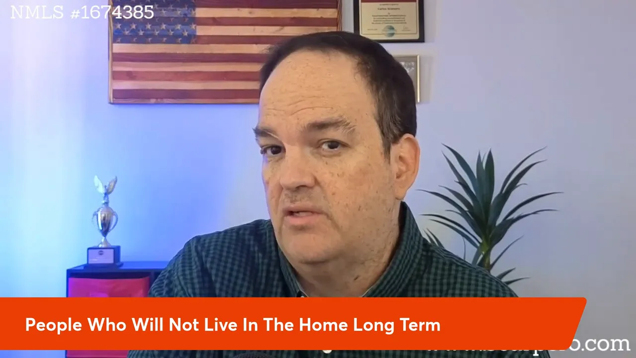 Video presenter centered with an on-screen banner: 'People Who Will Not Live In The Home Long Term'.