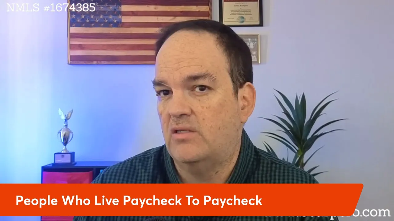 On‑screen banner 'People Who Live Paycheck To Paycheck' with a speaker in the background discussing mortgage risk.