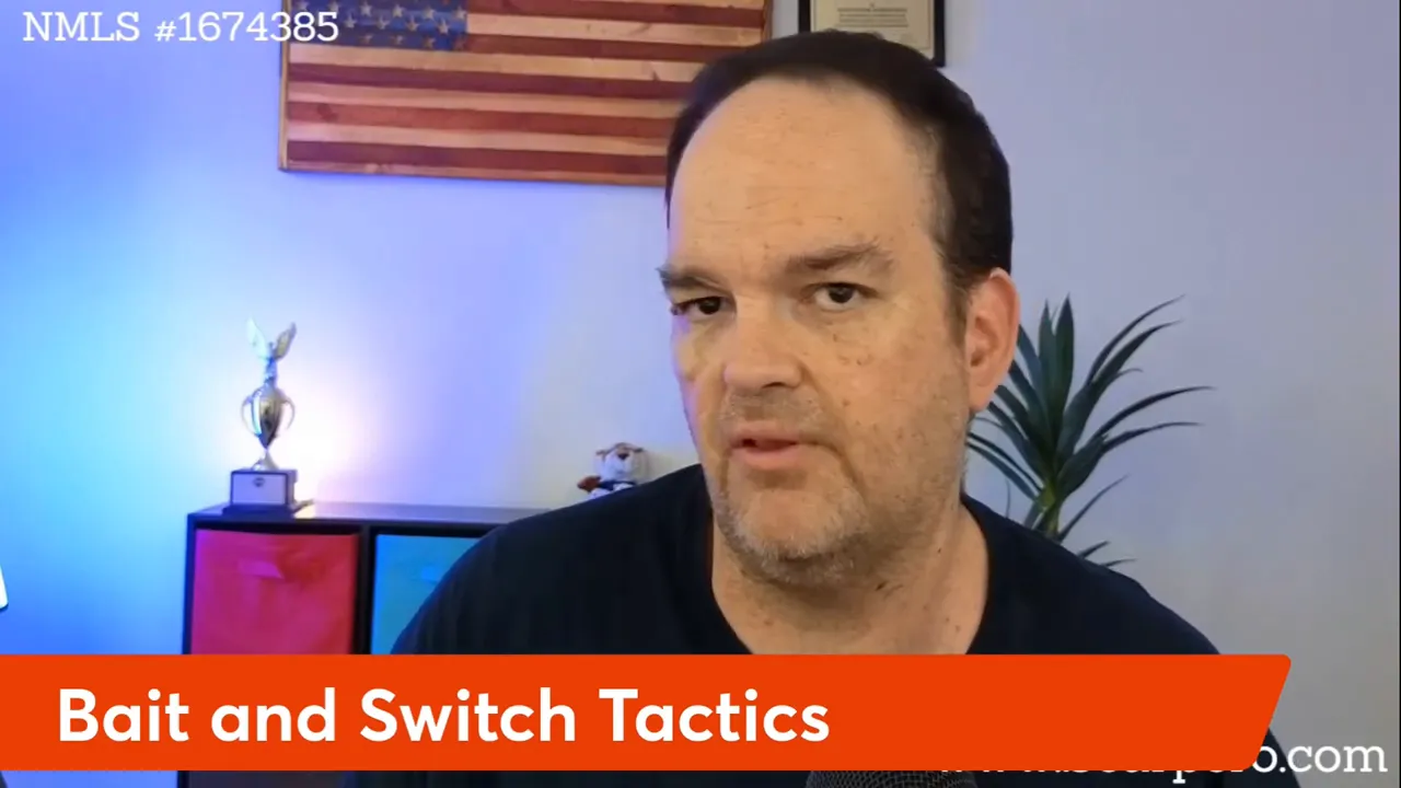 Well-framed presenter with bold orange 'Bait and Switch Tactics' banner across the bottom