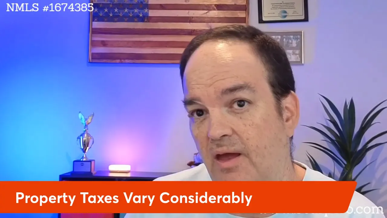Well-framed video host looking at camera with clear 'Property Taxes Vary Considerably' banner and visible background elements