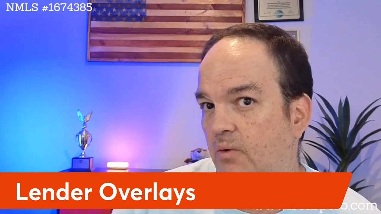 Host on video with clear 'Lender Overlays' banner across the bottom and soft blue-purple studio lighting.