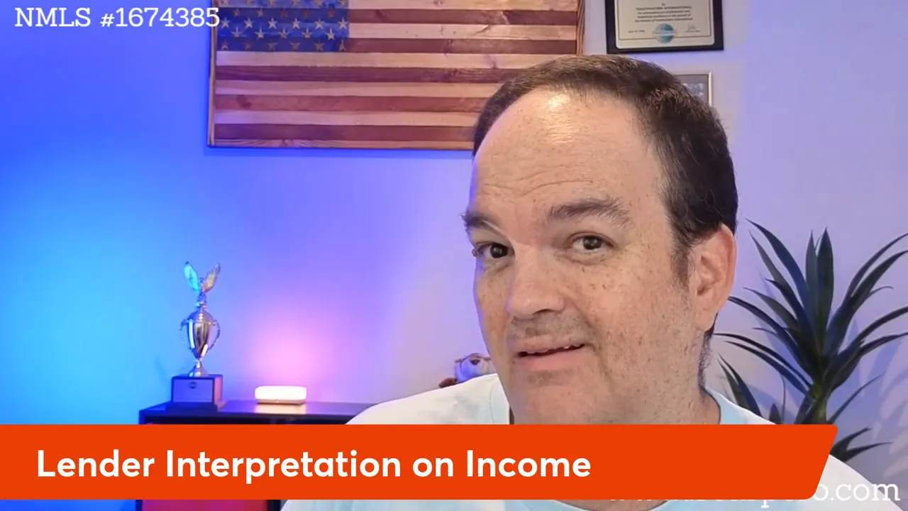 Friendly-looking host explaining lender interpretation on income with clear studio lighting and orange title bar.