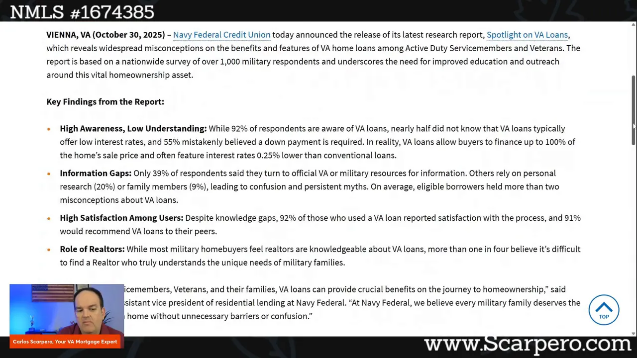 Cropped screenshot of a Navy Federal press release where the 'Role of Realtors' bullet is visible; small presenter inset at lower-left. Text about realtor knowledge is readable.