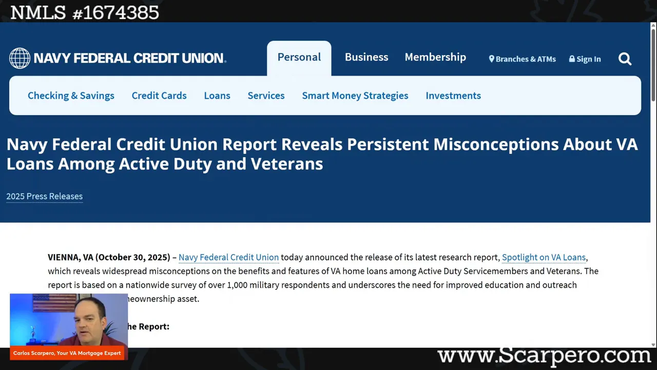 Screenshot of Navy Federal Credit Union press release page with the headline about persistent misconceptions on VA loans and the start of the article text.
