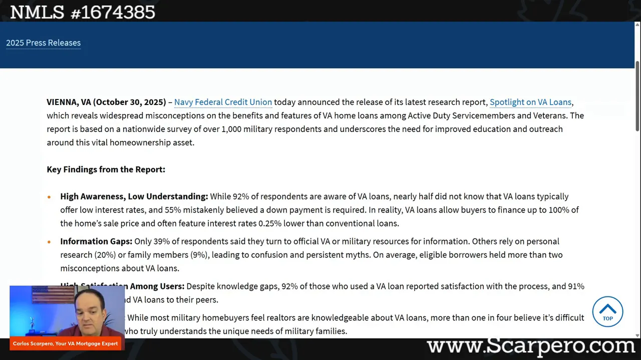 Clear screenshot of a Navy Federal press release listing key findings (high awareness, information gaps) with a small presenter thumbnail at the lower-left.