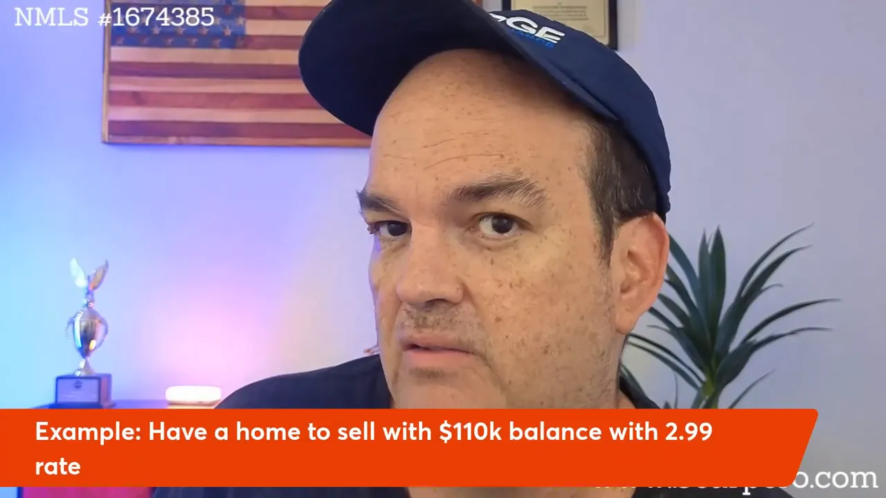 Presenter looking toward camera with on-screen banner 'Example: Have a home to sell with $110k balance with 2.99 rate'