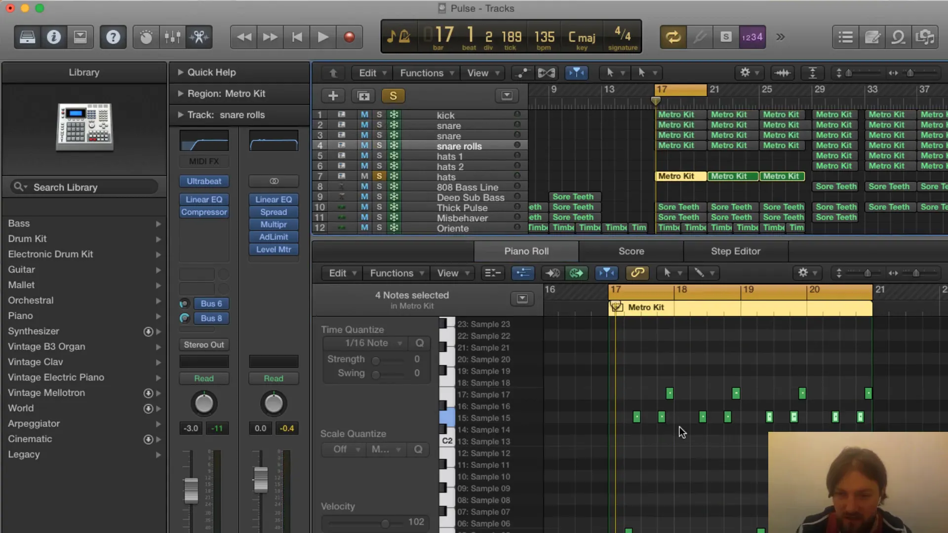 Screenshot of hi-hat pattern showing velocity adjustments