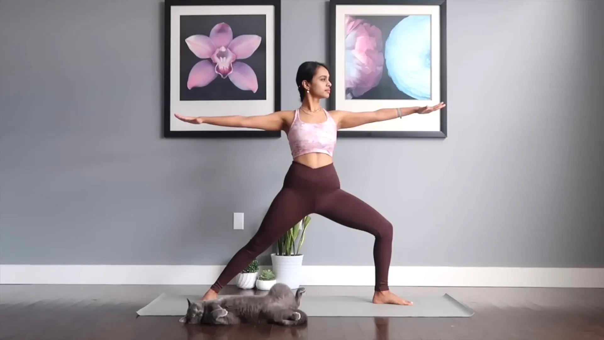 Demonstrating proper form in Warrior Two Pose