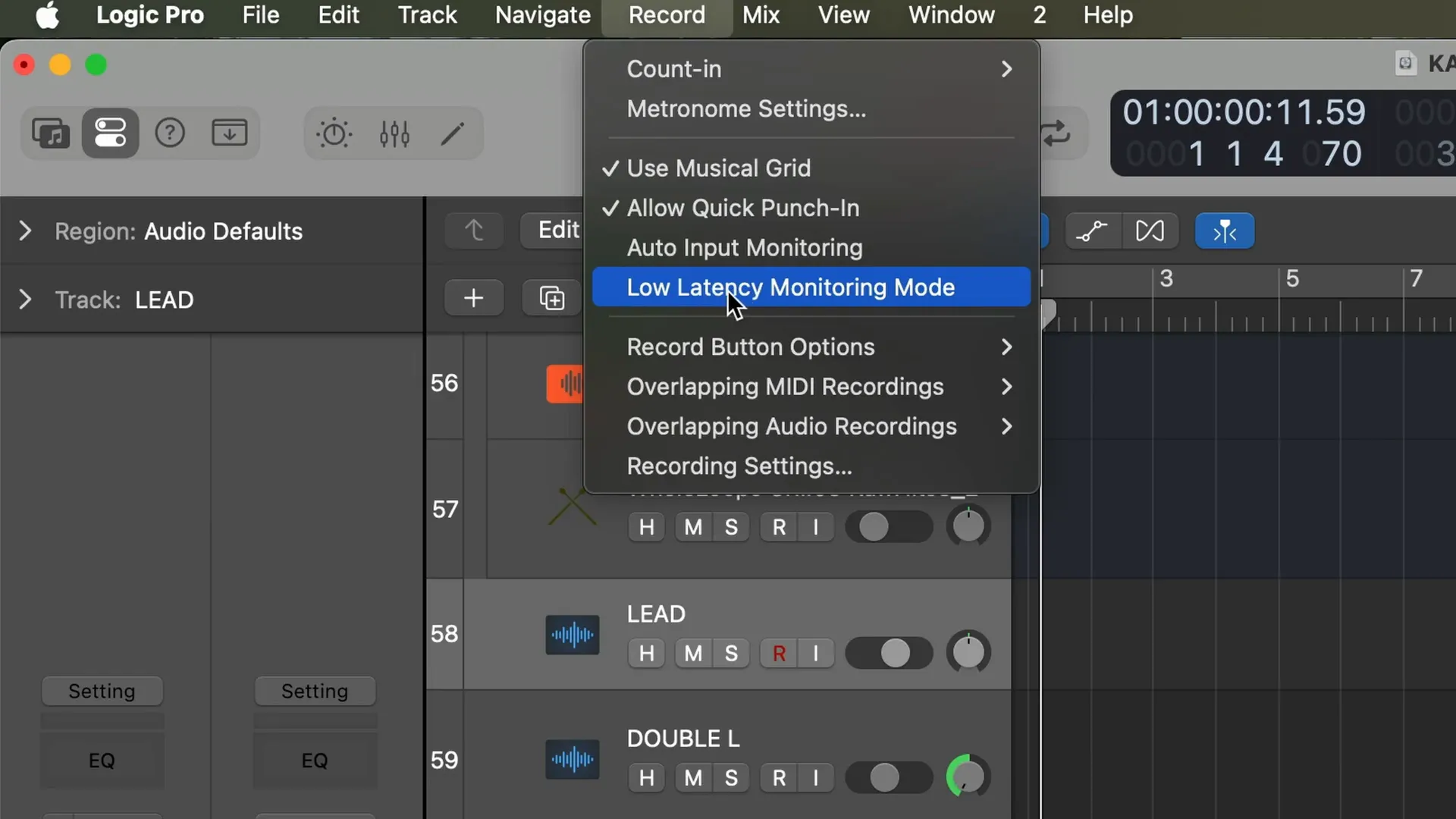 Activating Low Latency Monitoring Mode in Logic Pro