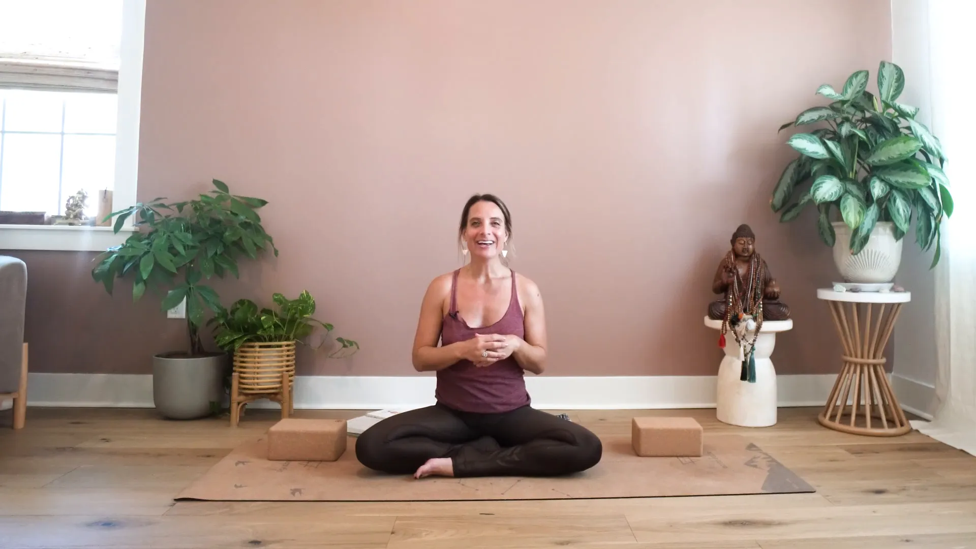 Setup with blocks and blanket for evening yoga practice