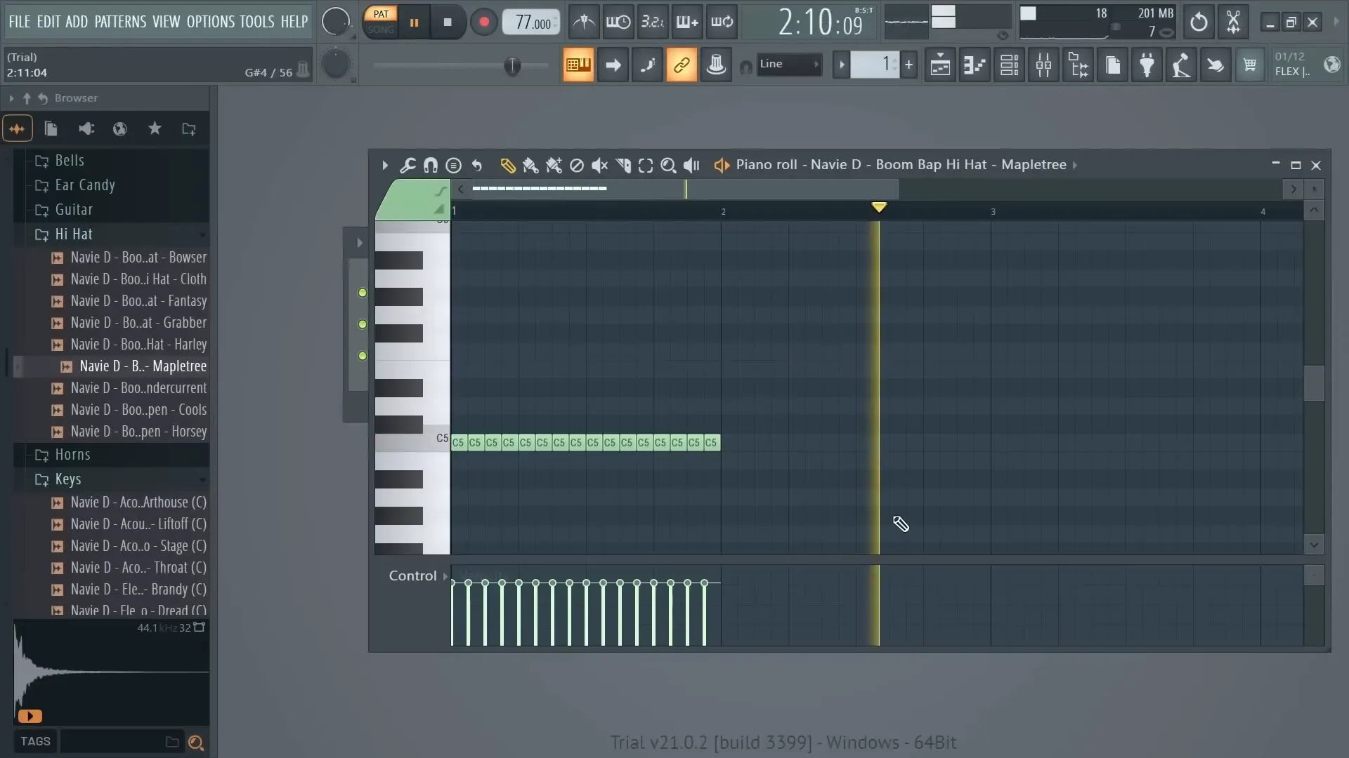 Screenshot of drum pattern creation in FL Studio