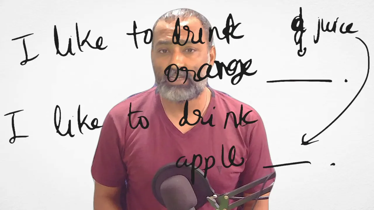 Hai câu có từ orange và apple cùng dẫn đến từ juice được viết trên bảng