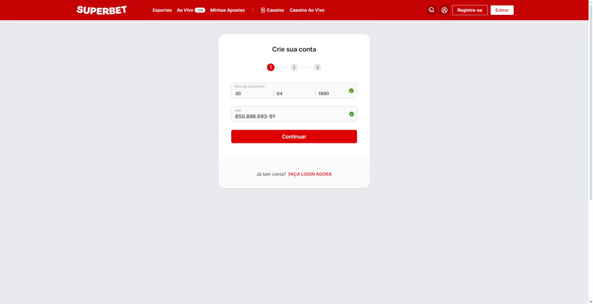 Formulário de cadastro na SuperBet