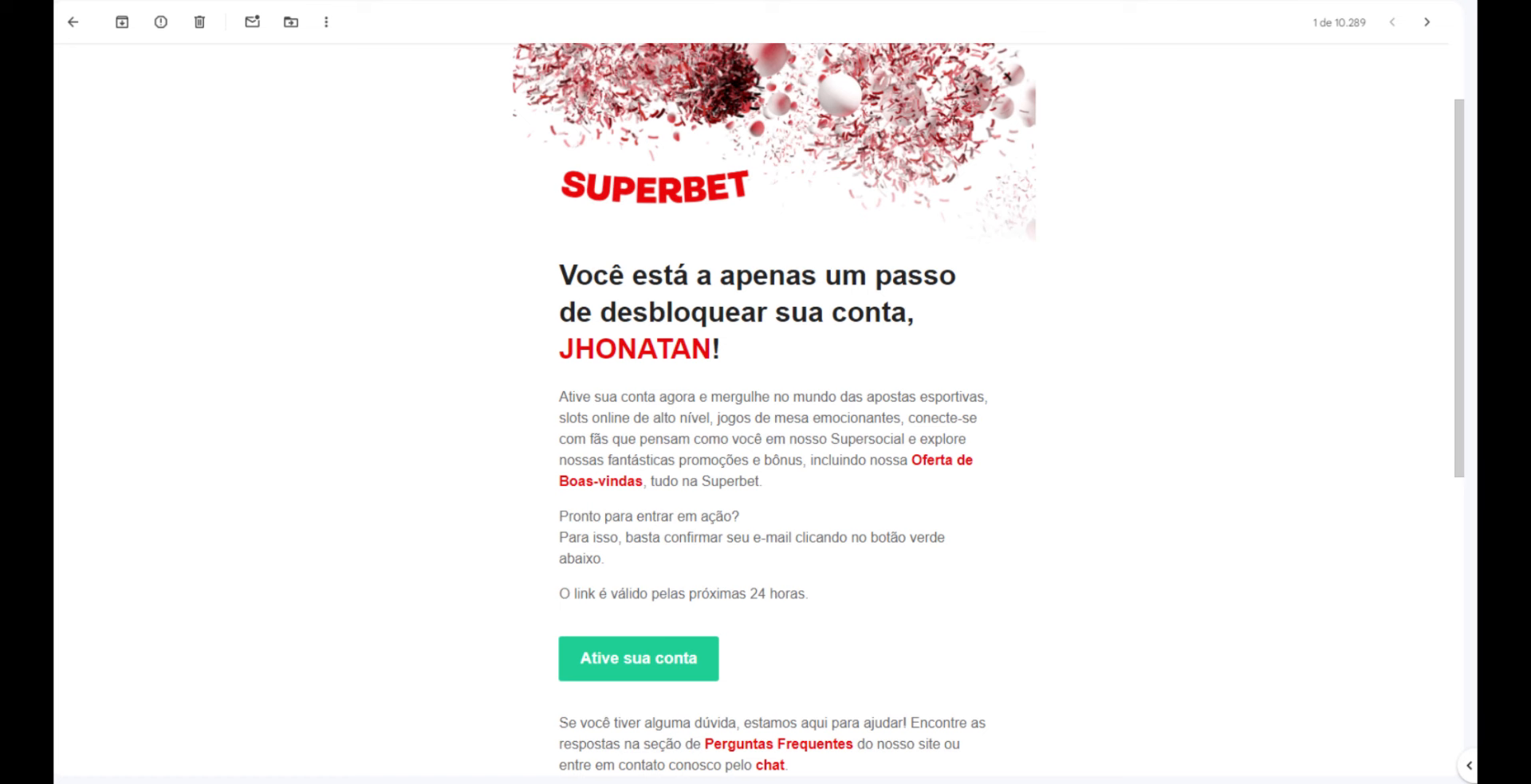 E-mail de ativação da conta